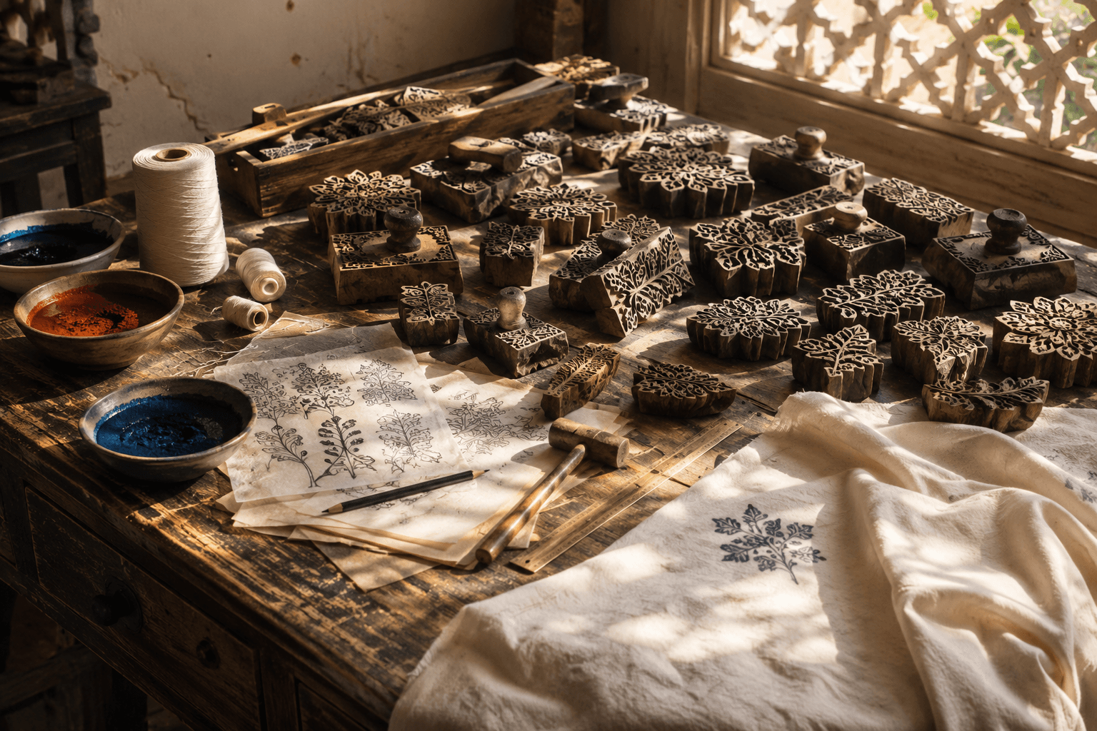 An artisan hand-pressing a carved teak block onto block-printed cloth.