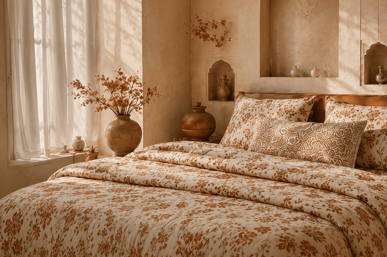 A sunlit Jaipur bedroom dressed in hand block-printed Sanganeri bedding, terracotta vases by the window.